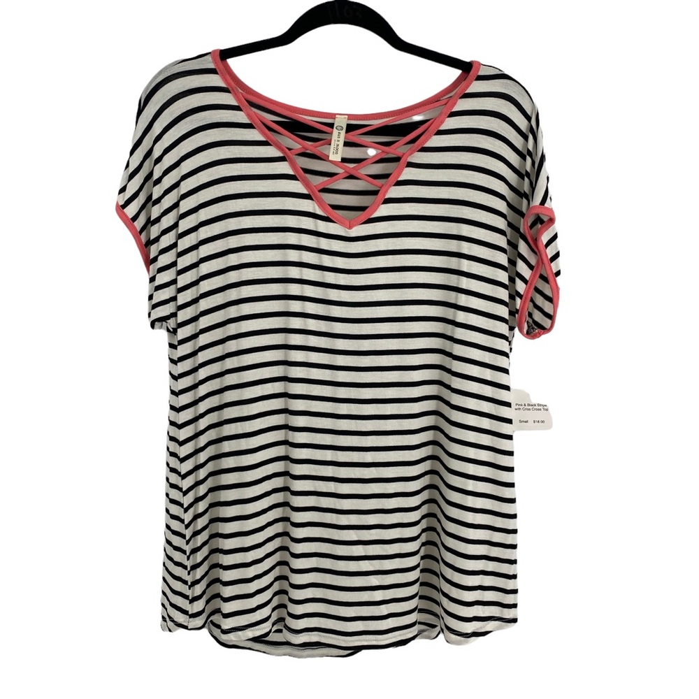 Sun & Moon Pink Black Stripe Criss Cross Top Small